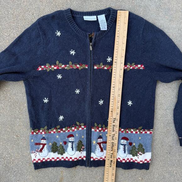 VTG 90s Croft & Barrow Blue Christmas Snowmen Farm Rustic Cabincore Cardigan LG - Picture 7 of 8
